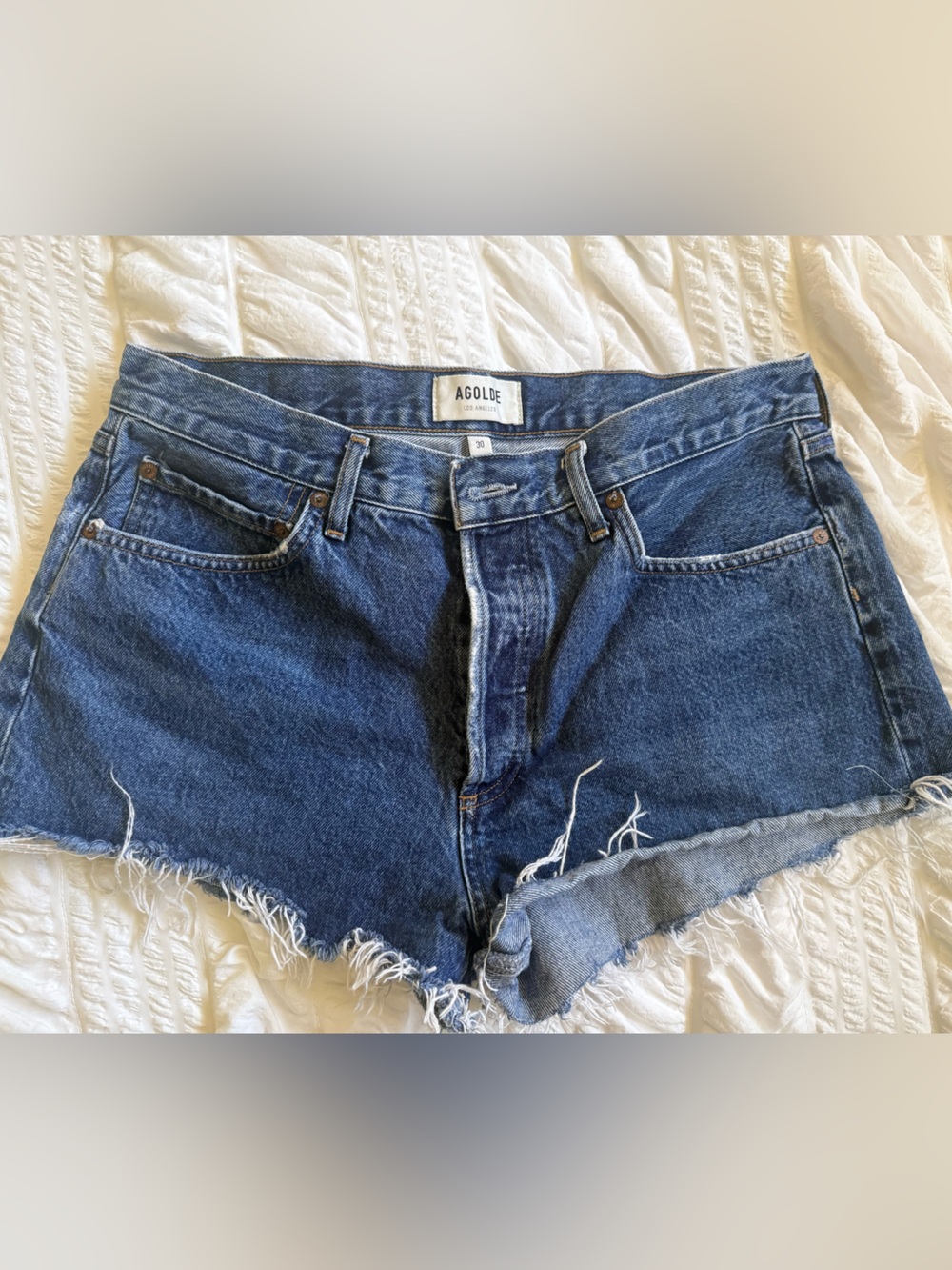 Agolde Vintage Indigo High-Rise Frayed Hem Jean Shorts
